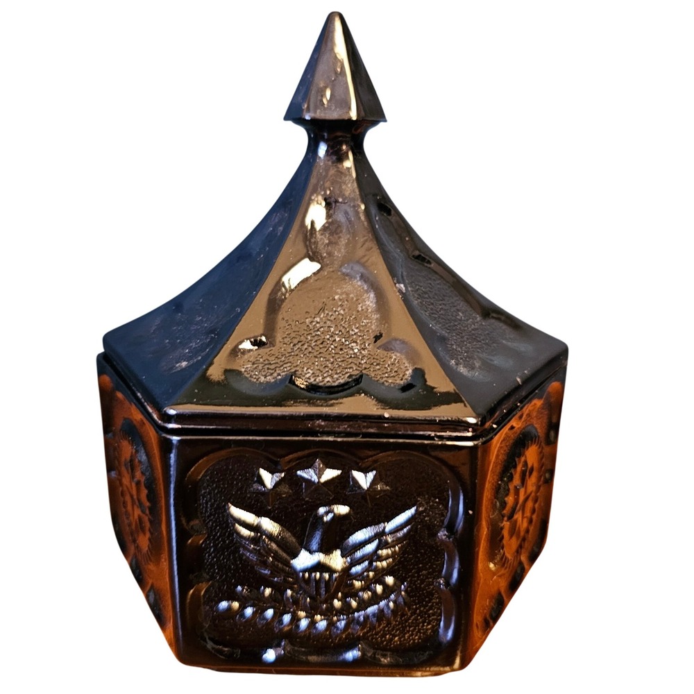 Tiara Glass Black Amethyst Carnival Glass Eagle Star Hexagon Lidded Candy Dish